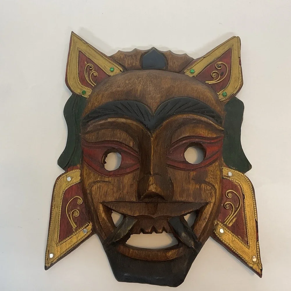Vtg Hand Carved Wood Mask-Hand Carved & Painted-Decor - Rhinestones - 10 x 7 in.